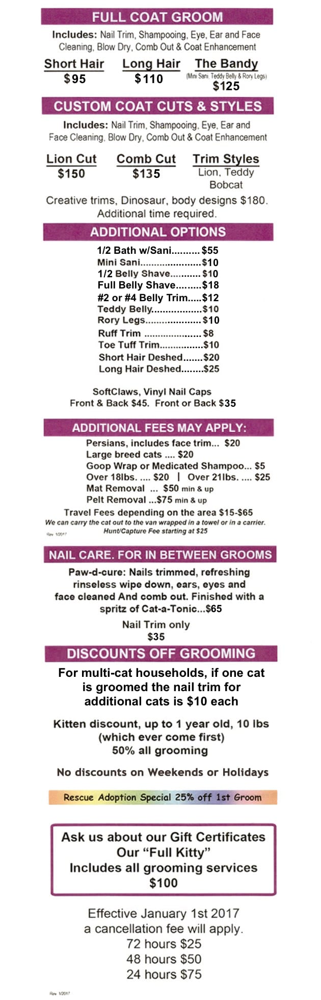 Services offered at Gabi Kat Grooming